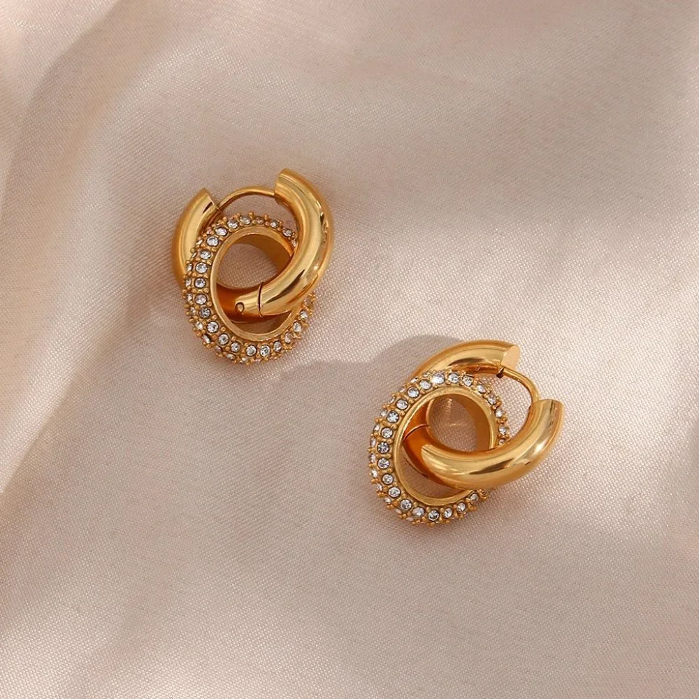 Chunky Micro Pave Zircon Double Hoop Earrings 18K Gold Plated Stainless Steel - Picture 5 of 10